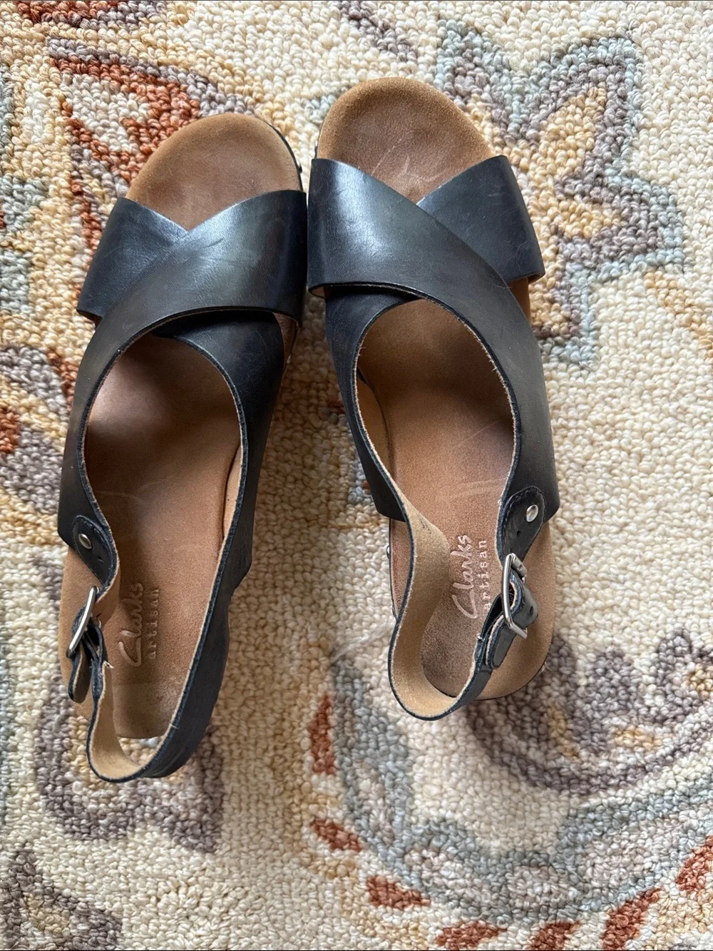 Clarks Black Leather Crossover Sandal with Wood Heel